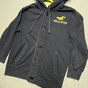 Vintage Hollister Hoodie Men Medium Dark Gray Blue Button Front Sweater Big Logo